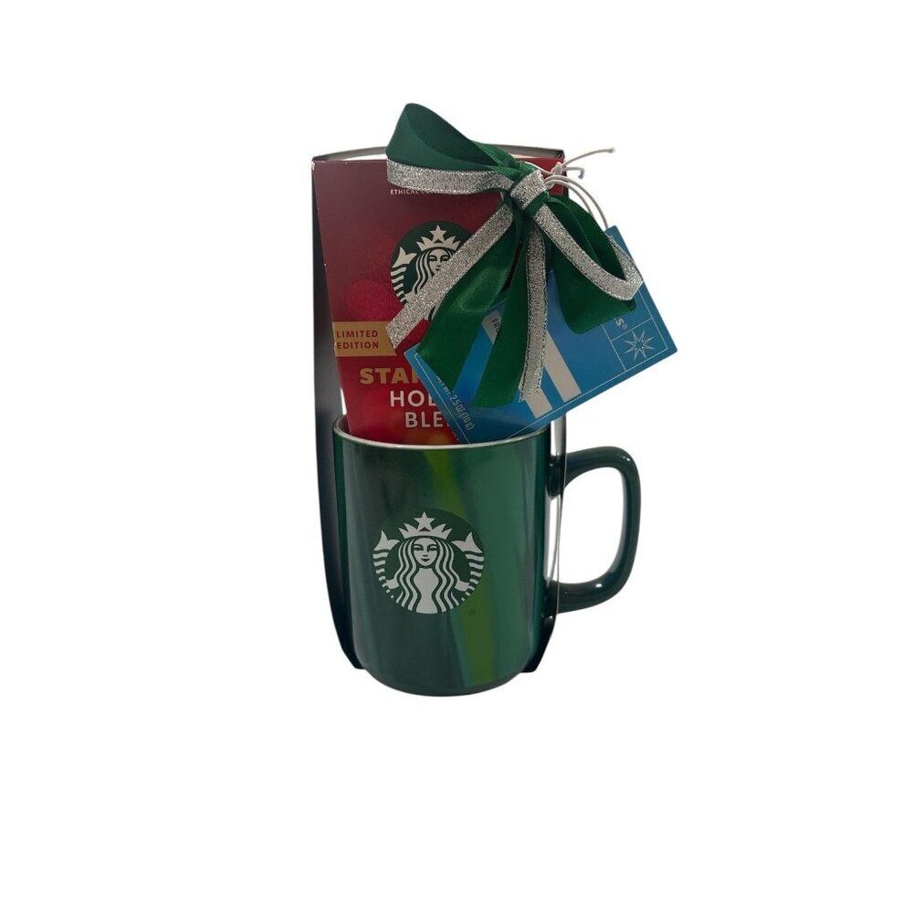Starbucks Mug Green Ceramic With Holiday Blend Coffee Microwave Safe 15Oz